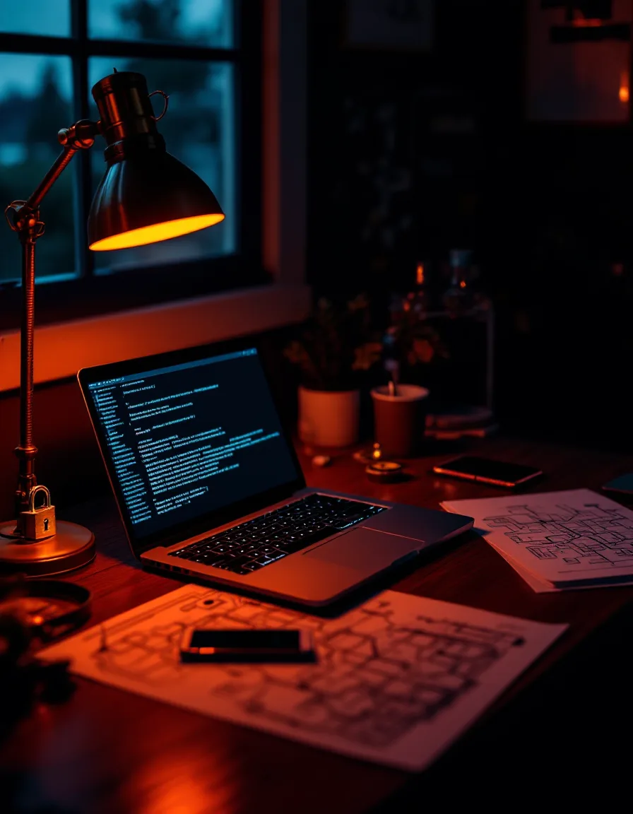 A consultant's desk lit by an amber lamp, with a laptop, a brass padlock and a hand-drawn network map